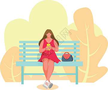 坐在长椅上的女孩公园女士手机灌木丛插图卡通片女人音乐耳机电话插画