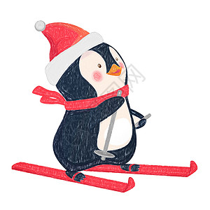 滑雪上企鹅卡通片滑雪板婴儿绘画背景图片