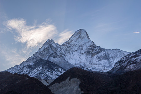 沁园春·雪日出时 阿玛·达布拉姆山 蓝天 尼泊尔喜马拉雅山背景