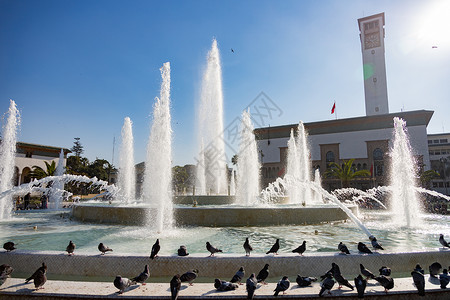 摩洛哥卡萨布兰卡 穆罕默德五号喷泉12/31/2019水龙头和鸽子背景图片
