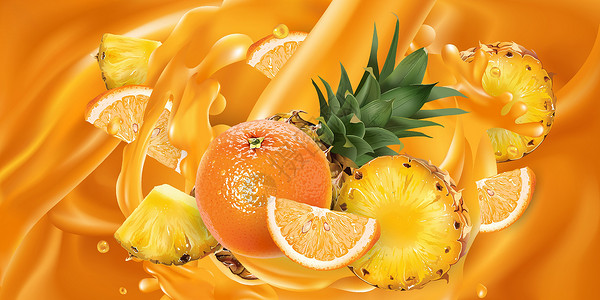 可口菠萝整个和切片的菠萝和橙子果汁设计图片