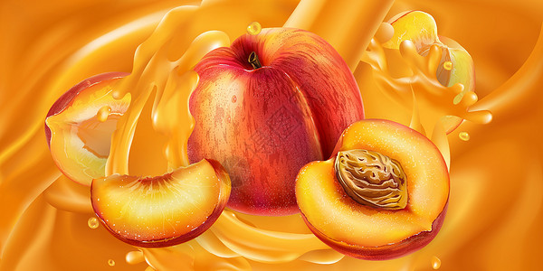 桃子果汁果汁中的整个桃子和切片桃子设计图片