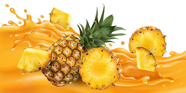 可口菠萝整个和切片菠萝在果汁波设计图片