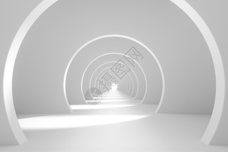 白色走廊明亮的白色隧道背景 3D翻译圆圈空白大厅框架圆形几何学建筑卷曲地面曲线背景