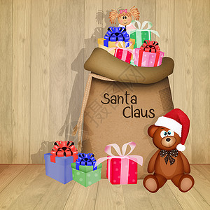 圣诞玩具在麻袋里解雇盒子插图庆典乐趣玩具熊娃娃展示孩子们丝带背景图片