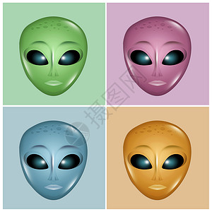 可爱外星人飞碟不同外星人的脸色飞碟插图绿色动物火星面具科学背景