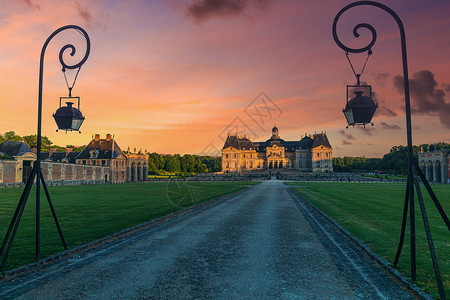 沃子爵城堡法国的城堡日落大厦版税庄园花园蜡烛皇家奢华建筑石头背景