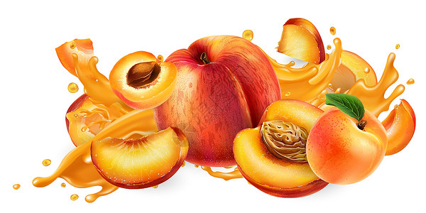 桃子果汁水果果汁和新鲜桃子和杏仁飞溅厨房广告味道咖啡店插图饮食健康营养菜单设计图片