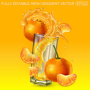 克莱橘子和玻璃杯中的果汁设计图片