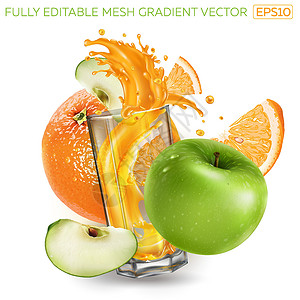 水果爆汁橙子 绿苹果和花果汁 在玻璃杯中液体飞溅食谱健康咖啡店维生素水果美食营养甜点设计图片