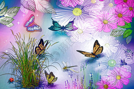 花和蝴蝶抽象图像蝴蝶和花朵  3D渲染阴影绿色邀请函折纸风格装饰艺术生日花束纸艺背景