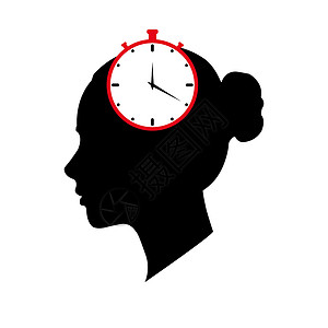 女人的轮廓和时钟表都算在时间上拨号女士草图手绘空白概念跑表插图背景图片