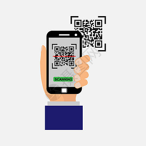 二维码矢量矢量图标 您手中的智能手机扫描 QR 代码 Simp市场空白贴纸草图贸易库存二维码数据绘画按钮设计图片