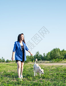 混天绫夏日在公园里走着狗的年轻有吸引力的女人背景