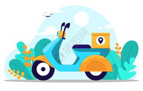 小型摩托车配有脚踏摩托车的食品运输快递服务Express Ser服插图命令太阳餐饮别针车辆街道城市蓝色物流设计图片