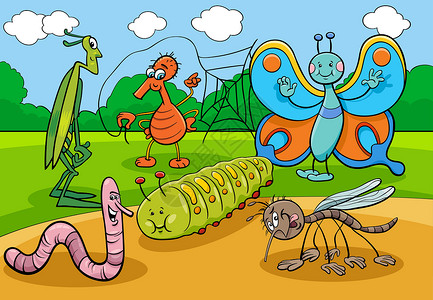 卡通螳螂快乐的昆虫和臭虫卡通字符组插画
