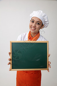年轻厨师黑板粉笔女士空白幸福职业工作室女孩木板面包师背景图片