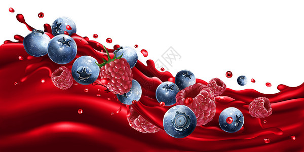 可口蓝莓果汁浪潮中的蓝莓和覆盆子设计图片