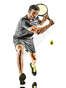 成年网球运动员人背手环形圆光影全长孤立白背景工作室男人白色播放器球拍运动男性背景图片