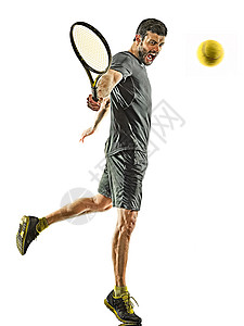 成年网球运动员人背手环形圆光影全长孤立白背景反手球拍白色男性运动动员男人播放器工作室背景图片