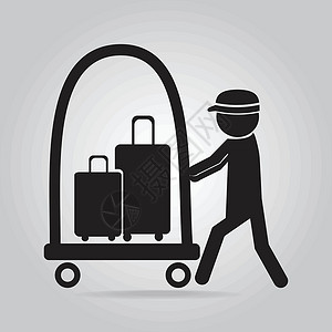 带有行李和手车图标的男子酒店旅行载体货运行李员按钮大车运输公文包手提箱插画