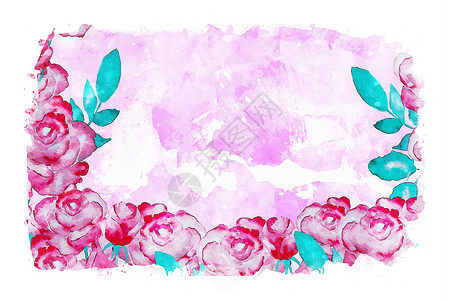 粉红水色背景的红玫瑰场地插图卡片婚礼粉色绘画红色花朵玫瑰水彩背景图片