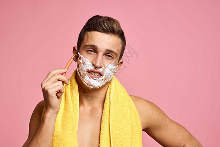 纯皮肤粉色底底皮 复制空间身体剃须卫生奶油浴室头发眼睛男人温泉护理背景图片