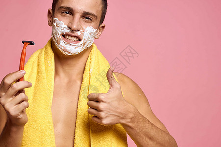纯皮肤粉色底底皮 复制空间眼睛卫生温泉护理男人微笑身体剃须成人浴室背景图片