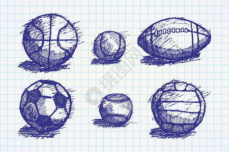 手绘篮球用纸笔笔记本在地上投下阴影的彩球草图棒球涂鸦游戏橄榄球插图绘画艺术圆圈素描足球设计图片