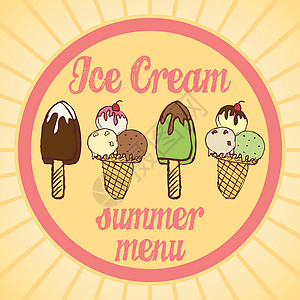 冰淇淋店宣传单维克特冰淇淋 配有文本夏季菜单的一套好吃的冰淇淋传单水果插图涂鸦巧克力味道焦糖装饰咖啡店草图背景