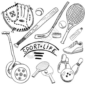 扬我国威元素体育素描图面条元素 用棒球棒和手套 Hokkey网球项目 绘画面条收藏 在白色背景上隔绝线条球瓶皮革曲棍闲暇球棒运动棒球冰球蝙蝠背景