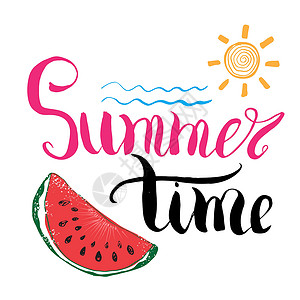 水果商标引用夏季时间的字母 手画 Satchet 印刷设计符号 矢量说明颜色线背景打印插图海报问候语刻字涂鸦季节墨水太阳天空设计图片