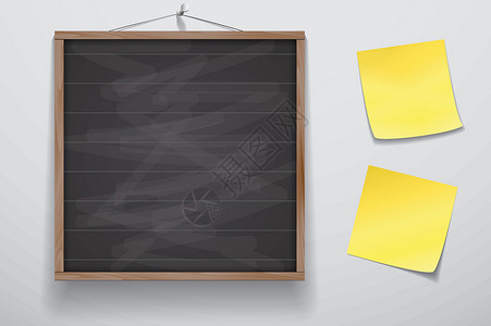 粉黄色墙上挂着两张黄色贴纸的标牌板 即粉黑板木框正方形办公室笔记木板粉笔备忘录横幅嘲笑小样招牌设计图片