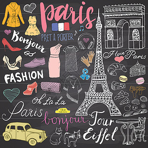 巴黎涂鸦元素 手绘套装 包括埃菲尔铁塔咖啡馆 出租车凯旋门 巴黎圣母院 时尚元素 猫和法国斗牛犬 绘图涂鸦集合 在黑板上咖啡店游背景图片