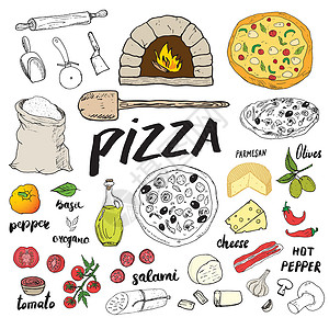 烤箱披萨比萨菜单手绘素描集 披萨准备和送货涂鸦 包括面粉和其他食品配料 烤箱和厨房工具 滑板车 披萨盒设计模板 矢量图胡椒插图草图餐厅摩插画