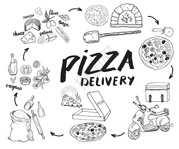 披萨刀披萨手绘素描集 比萨饼的准备和运送过程 包括面粉和其他食品配料 纸盒 烤箱和厨房工具 滑板车 比萨饼袋设计模板 矢量图蔬菜餐厅胡插画