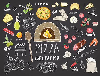 烤箱披萨比萨菜单手绘素描集 披萨准备和送货涂鸦 包括面粉和其他食品配料 烤箱和厨房工具 滑板车 披萨盒设计模板 矢量图午餐烹饪摩托车手绘插画