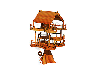 塞科亚的多层树林房树干小屋圆形梯子栏杆露台房子树屋地板门廊背景图片