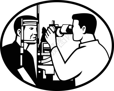 眼保仪接受视力测试设备检测的病人和光学医生或近亲 以进行眼透析黑白检查插画