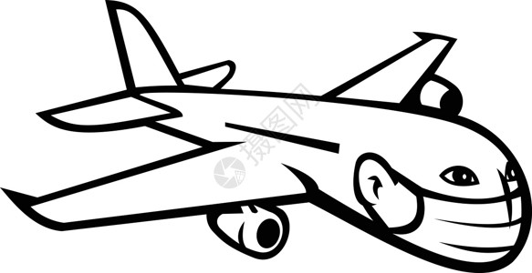 飞机黑白Jumbo喷气式飞机飞机 穿戴面罩 黑白马斯科特插画