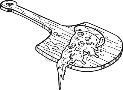 不锈钢手工刀泥板或Peel 配有披萨切片和熔炼奶酪绘画黑白设计图片