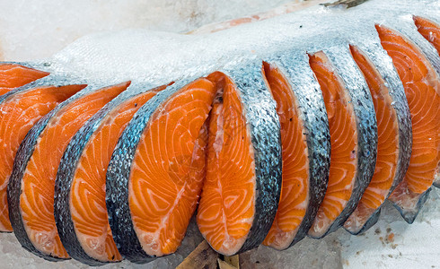 新鲜鲑鱼肉牛扒美食荒野红色饮食钓鱼市场渔业健康食物冻结的高清图片素材