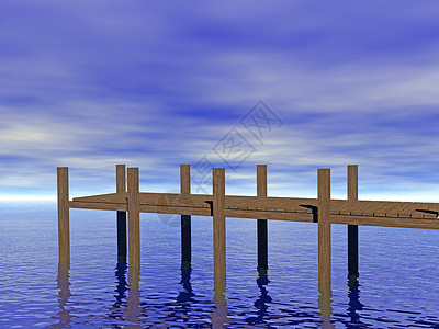 水中的木制倾角木板码头蓝色海滩天空棕色背景图片