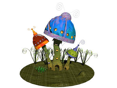 作为侏儒住所的彩色卡通蘑菇绿色红色蓝色漫画入口植物矮人公寓背景图片