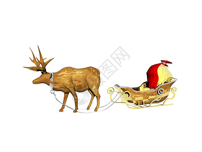 驯鹿用一袋礼物拉雪橇红色跑步者鹿角菜肴棕色喇叭背景图片