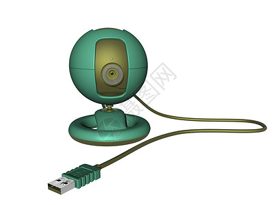 配有电缆的绿色球形摄像头监视电子产品相机光学镜片背景