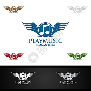 翅膀logo配有笔记和翅膀概念的音乐 Logo打碟机社交商业卡拉ok玩家派对生产药剂学旋律音乐播放器设计图片