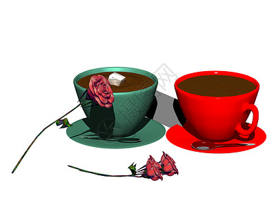 两个彩色杯子加咖啡和玫瑰饮料飞碟陶瓷菜肴棕色背景图片