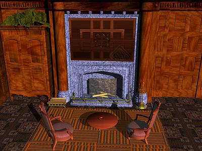 旧起居室 有壁炉和木板休息区入口壁炉房大厦棕色墙壁镶板内饰地毯背景图片