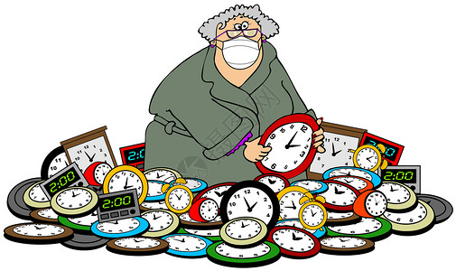 女人在一连串的时钟里 定下时间背景图片